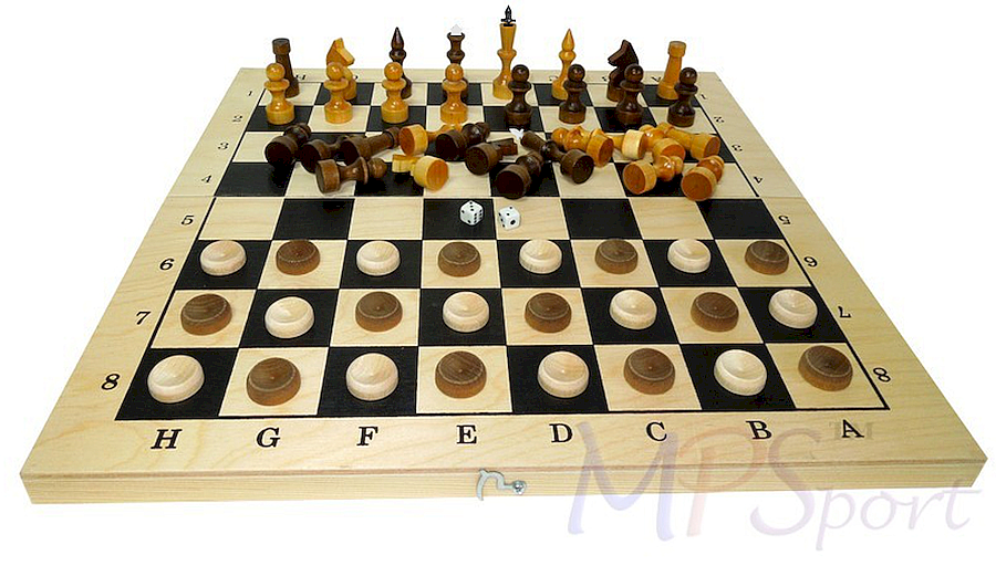 3 в 1 малый (Шахматы малые лакированные №3 + шашки + нарды, дерево, 400х200 мм), (Россия)