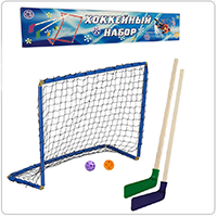 Хоккейный набор (2 клюшки детские + шайба + мячик+ворота с сеткой) в коробке