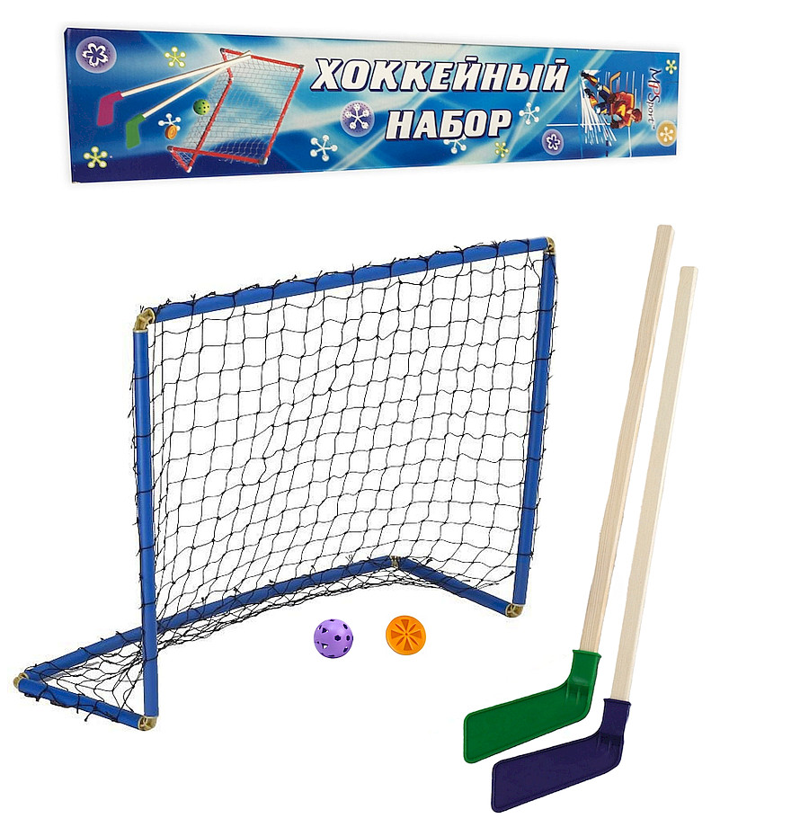Хоккейный набор (2 клюшки детские + шайба + мячик+ворота с сеткой) в коробке